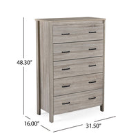 Sifa Tall Dresser Chest, 5 Drawers, Rustic Oak Gray MDF, Black Handles -BM326007