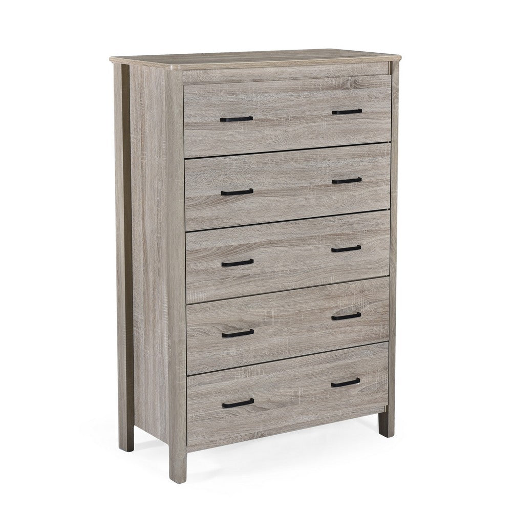 Sifa Tall Dresser Chest, 5 Drawers, Rustic Oak Gray MDF, Black Handles -BM326007