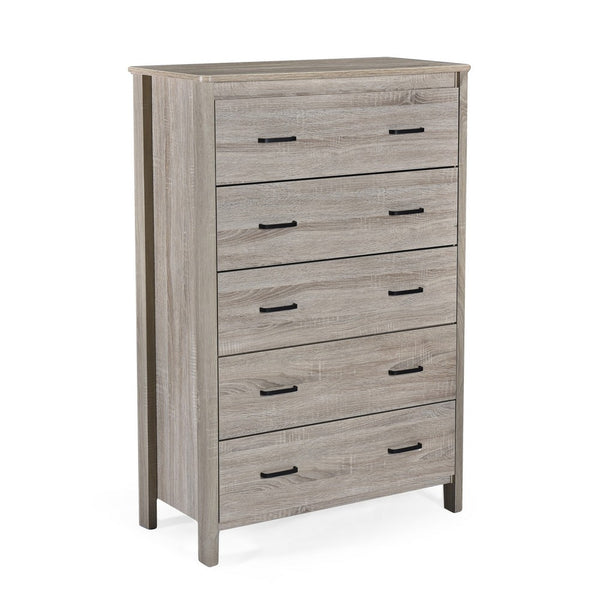 Sifa Tall Dresser Chest, 5 Drawers, Rustic Oak Gray MDF, Black Handles -BM326007