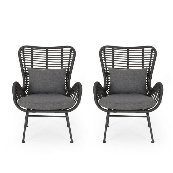 Slay Outdoor Accent Chair Set of 2, 25 Inch, Gray Woven Rattan, Iron Legs -BM326008