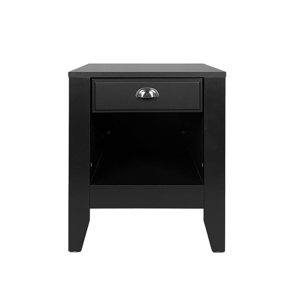 Crown Bedside Nightstand, 21 Inch, 1 Drawer and Open Shelf, Black MDF -BM326009