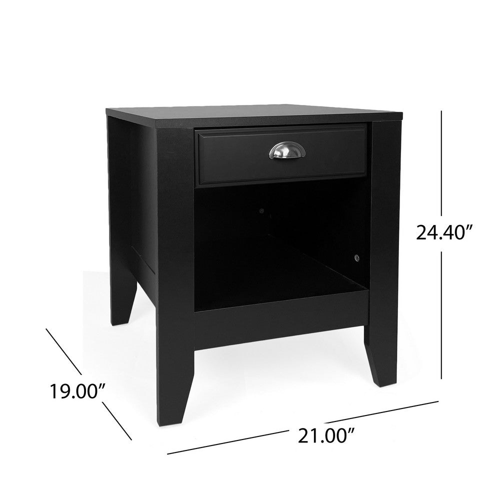 Crown Bedside Nightstand, 21 Inch, 1 Drawer and Open Shelf, Black MDF -BM326009