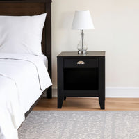 Crown Bedside Nightstand, 21 Inch, 1 Drawer and Open Shelf, Black MDF -BM326009