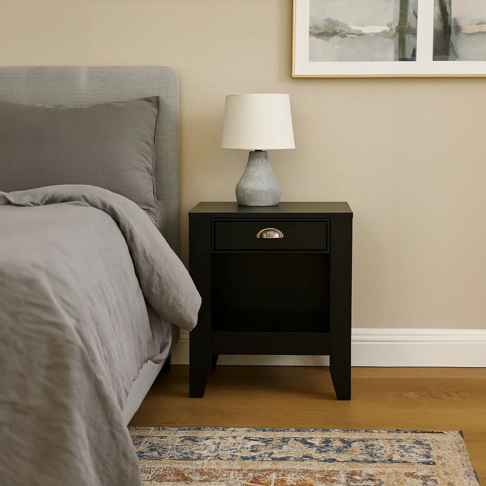 Crown Bedside Nightstand, 21 Inch, 1 Drawer and Open Shelf, Black MDF -BM326009