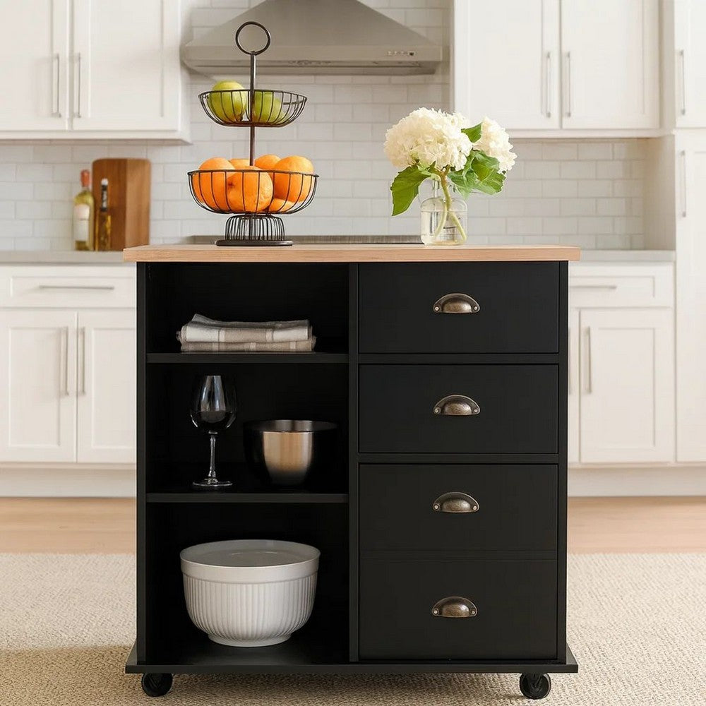 Rolling Kitchen Island Bar Cart w Drawers, Shelves, Brown n Black -BM326010
