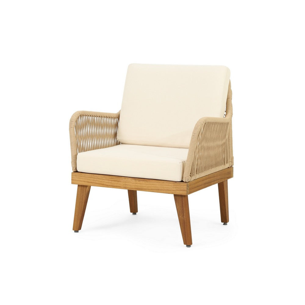Oud Accent Club Chair, Ivory Cushions, Rope Weaving, Brown Acacia Wood -BM326015