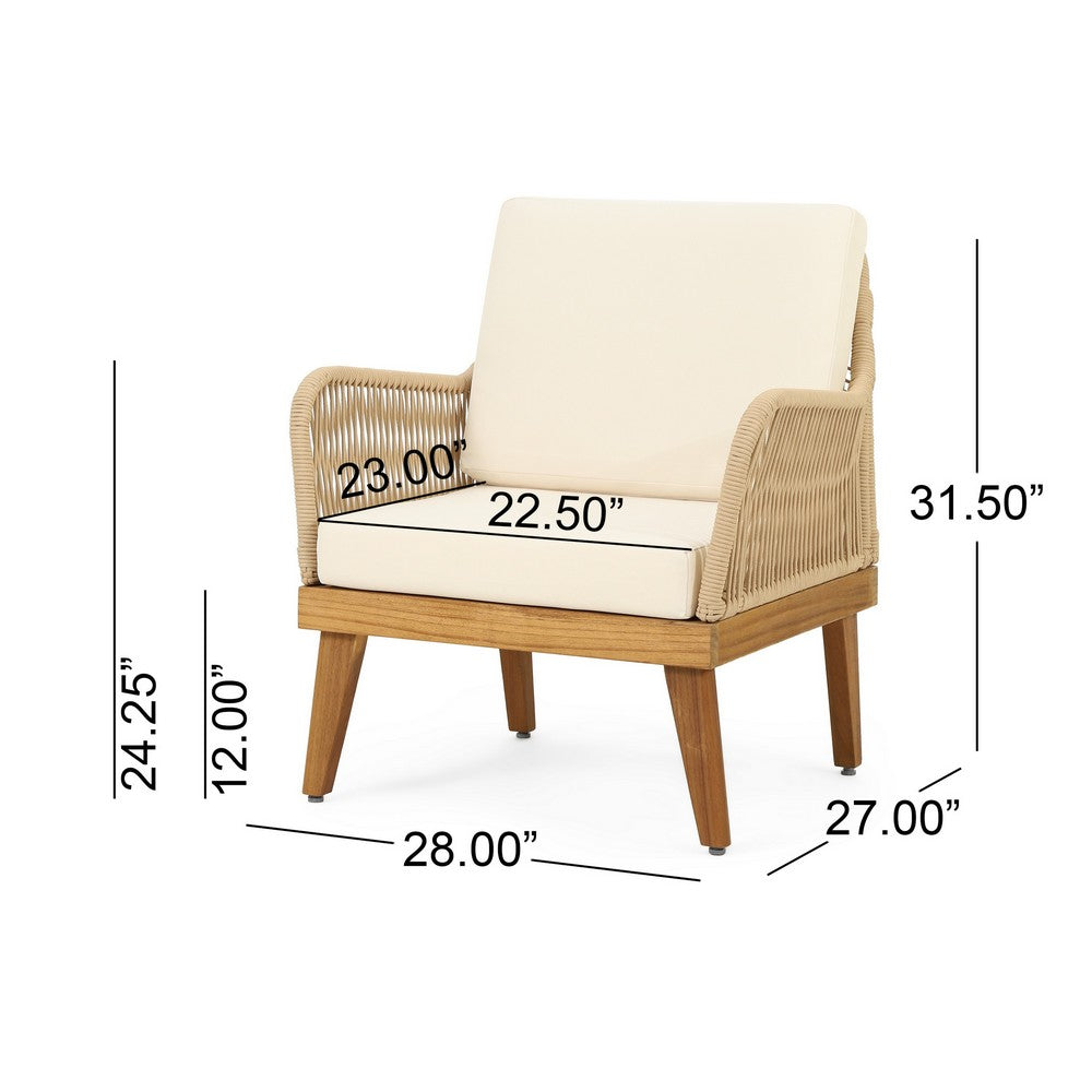 Oud Accent Club Chair, Ivory Cushions, Rope Weaving, Brown Acacia Wood -BM326015