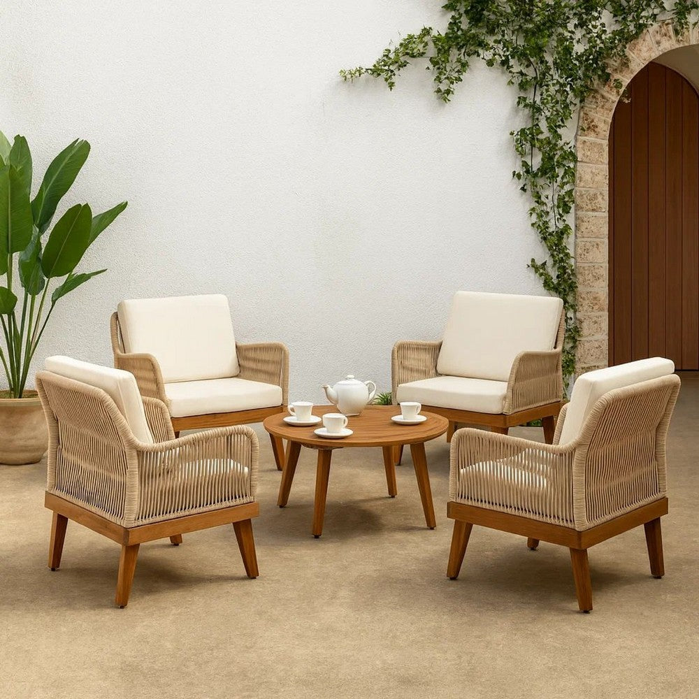 Oud Accent Club Chair, Ivory Cushions, Rope Weaving, Brown Acacia Wood -BM326015