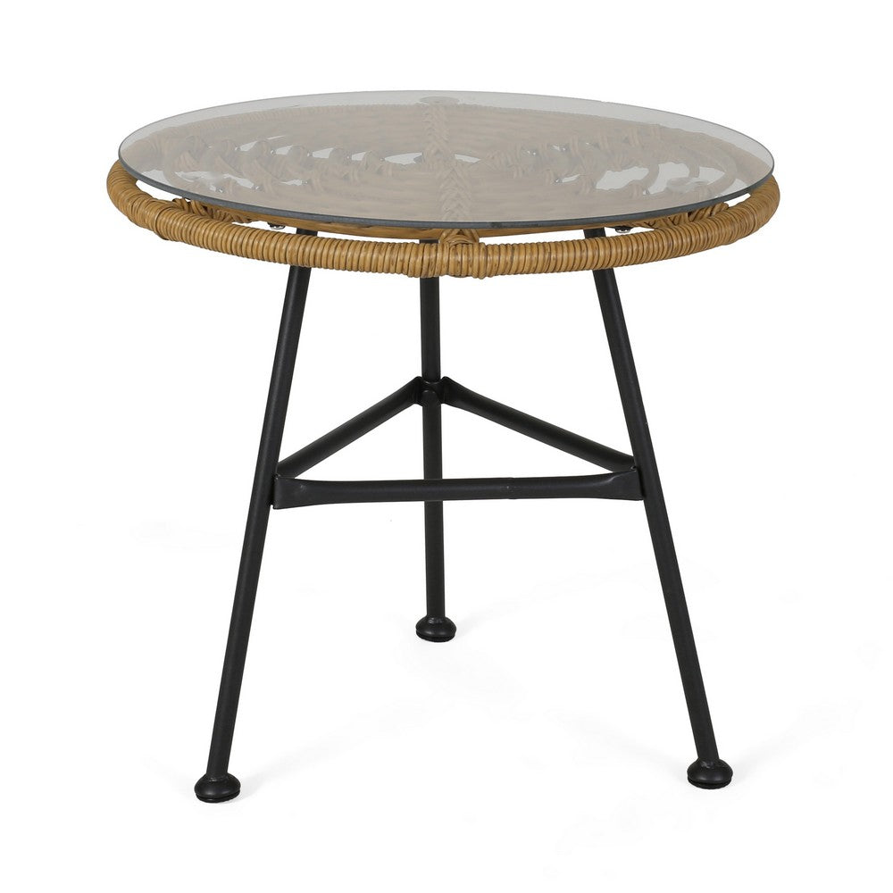 Tee Outdoor Side End Table, 20 Inch Rattan Weave, Glass Top, Steel -BM326016