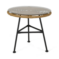 Tee Outdoor Side End Table, 20 Inch Rattan Weave, Glass Top, Steel -BM326016