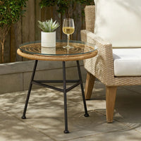 Tee Outdoor Side End Table, 20 Inch Rattan Weave, Glass Top, Steel -BM326016