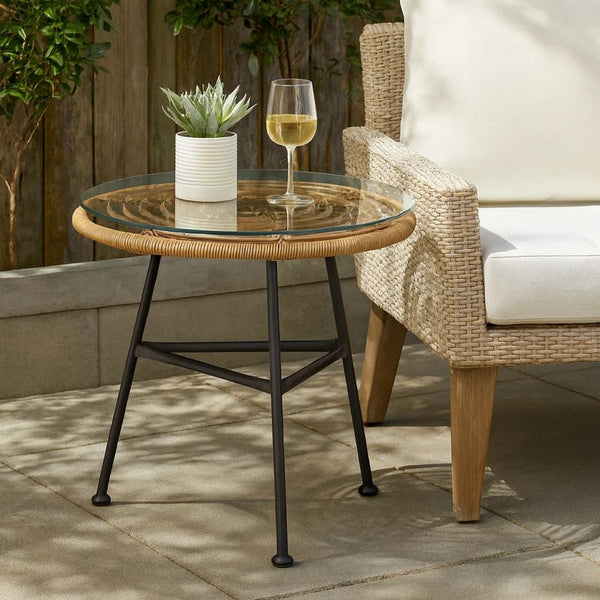 Tee Outdoor Side End Table, 20 Inch Rattan Weave, Glass Top, Steel -BM326016