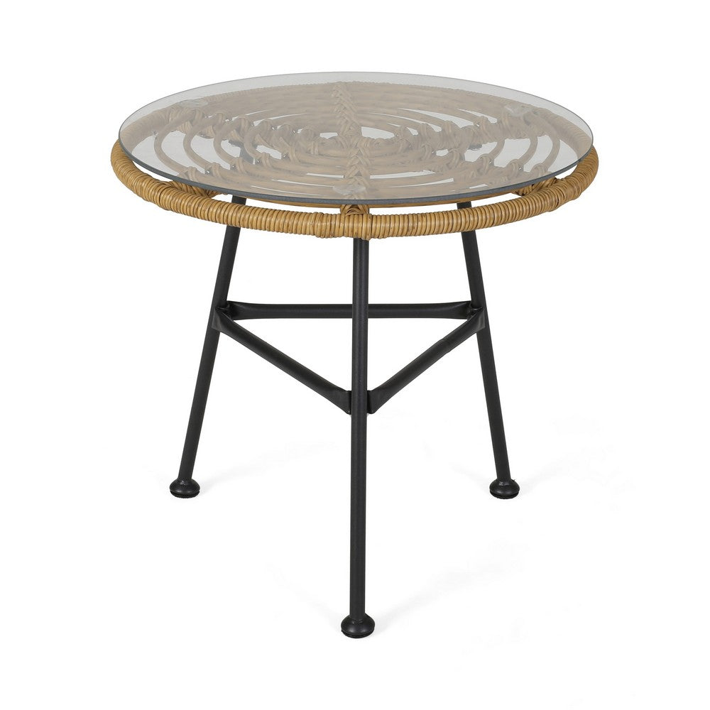 Tee Outdoor Side End Table, 20 Inch Rattan Weave, Glass Top, Steel -BM326016