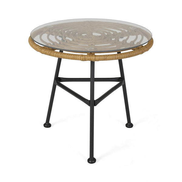 Tee Outdoor Side End Table, 20 Inch Rattan Weave, Glass Top, Steel -BM326016