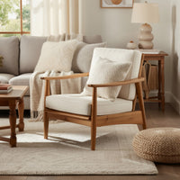 Accent Club Chair, Ivory Fabric Cushions, Brown Acacia Wood Frame -BM326018