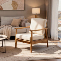Accent Club Chair, Ivory Fabric Cushions, Brown Acacia Wood Frame -BM326018