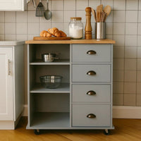 Rolling Kitchen Island Bar Cart, Drawers Shelves, Wheels, Brown, Gray -BM326020