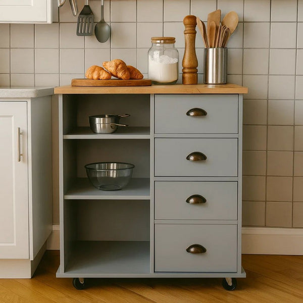 Rolling Kitchen Island Bar Cart, Drawers Shelves, Wheels, Brown, Gray -BM326020