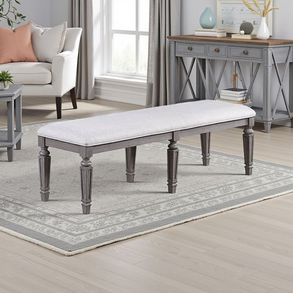 Winie Dining Bench with Turned Legs, 64 Inch Gray Wood and Fabric -BM326029