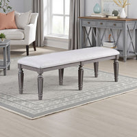 Winie Dining Bench with Turned Legs, 64 Inch Gray Wood and Fabric -BM326029