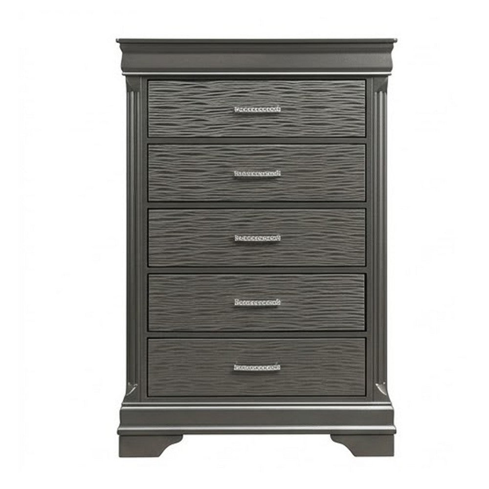 Jean Tall Dresser Chest, 5 Drawers, Chrome, Dark Gray Solid Wood - BM326053