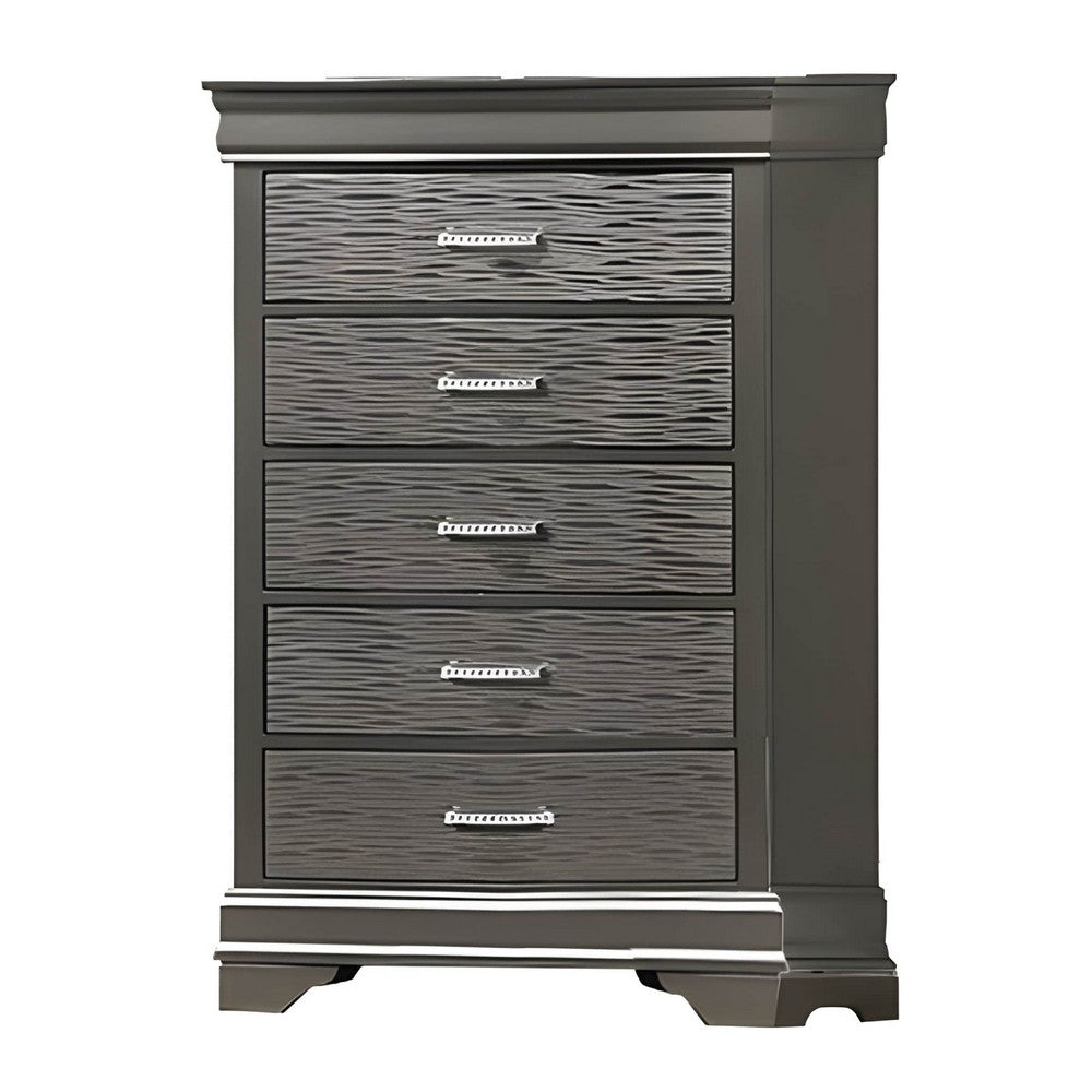 Jean Tall Dresser Chest, 5 Drawers, Chrome, Dark Gray Solid Wood - BM326053