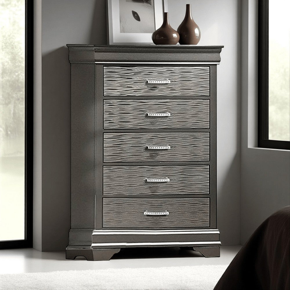 Jean Tall Dresser Chest, 5 Drawers, Chrome, Dark Gray Solid Wood -BM326053