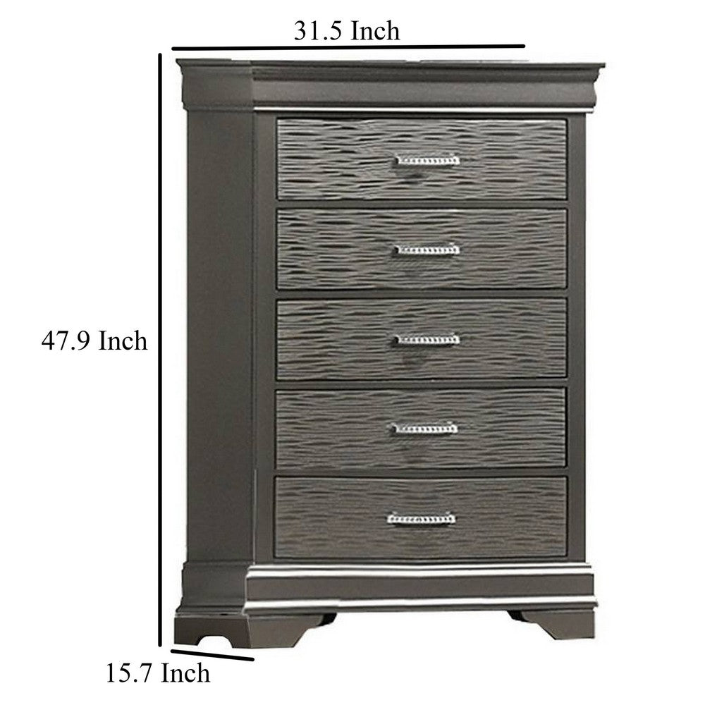 Jean Tall Dresser Chest, 5 Drawers, Chrome, Dark Gray Solid Wood - BM326053