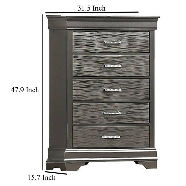 Jean Tall Dresser Chest, 5 Drawers, Chrome, Dark Gray Solid Wood - BM326053