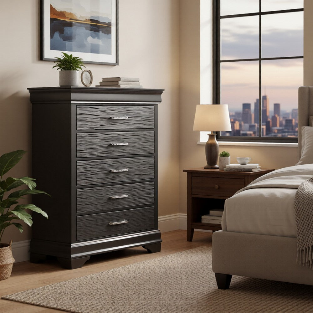 Jean Tall Dresser Chest, 5 Drawers, Chrome, Dark Gray Solid Wood - BM326053