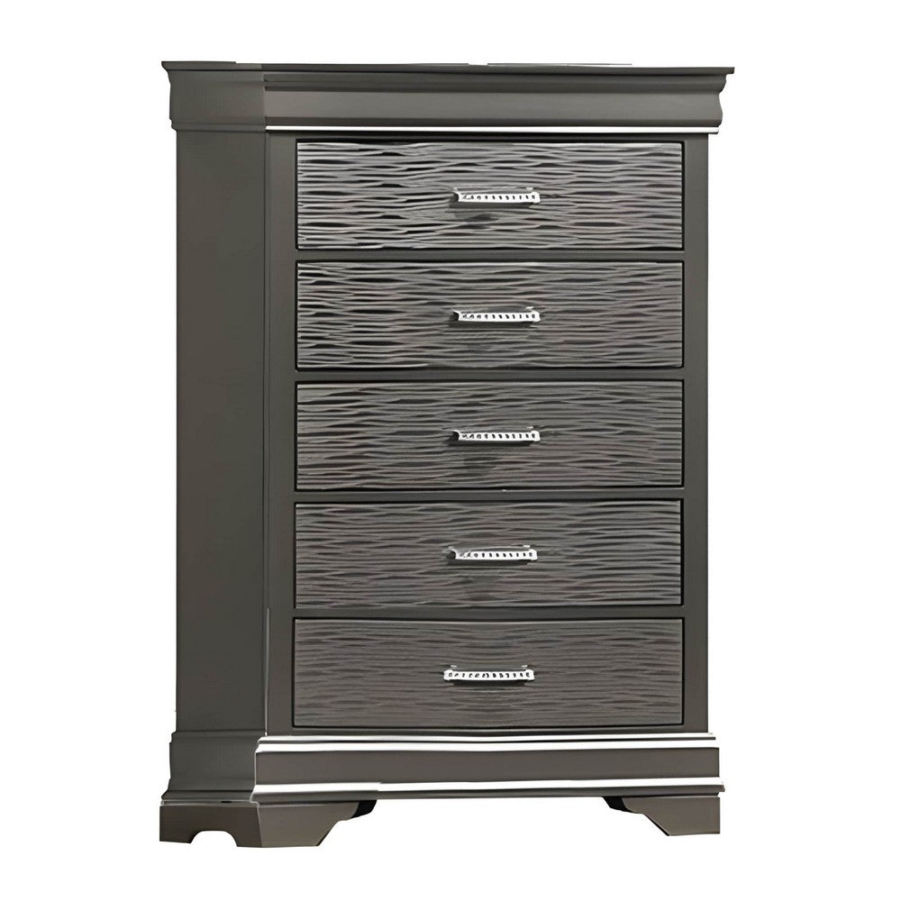 Jean Tall Dresser Chest, 5 Drawers, Chrome, Dark Gray Solid Wood - BM326053