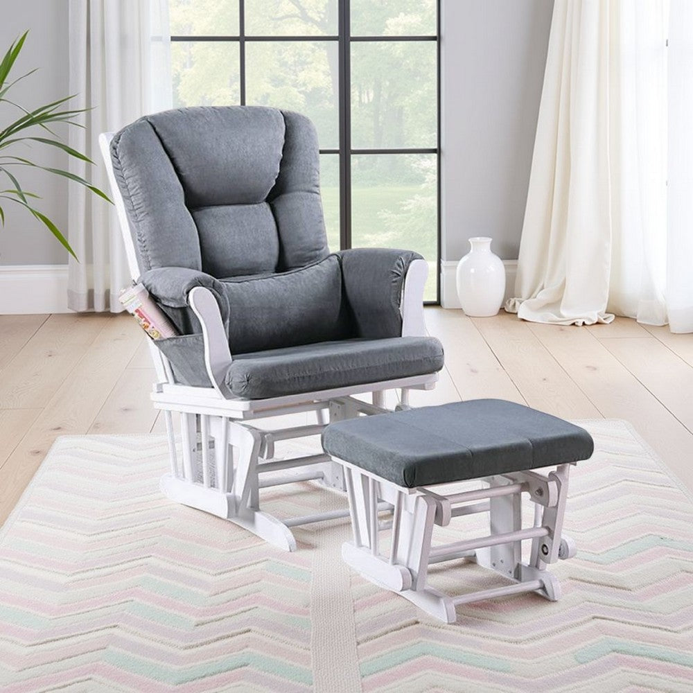 Noni Glider Manual Recliner Chair w Square Ottoman, White Wood, Gray -BM326063
