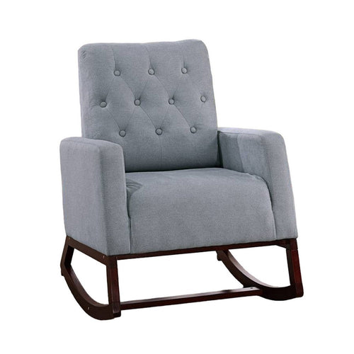 Clair Rocking Chair, Espresso Brown Solid Wood, Gray Button Tufted