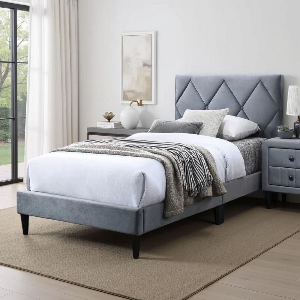 Lilian Full Size Bed, Tufted Gray Velvet Upholstery, Diamond Stitch -BM326112