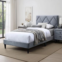 Lilian Full Size Bed, Tufted Gray Velvet Upholstery, Diamond Stitch -BM326112
