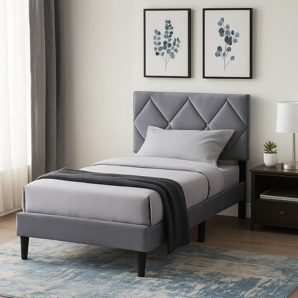 Lilian Twin Size Bed, Tufted Gray Velvet Upholstery, Diamond Stitch -BM326113