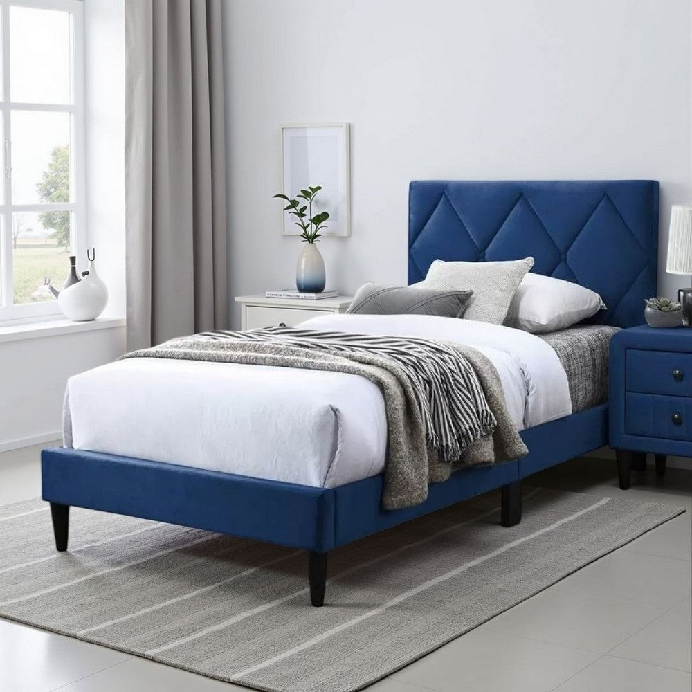 Lilian Twin Bed, Tufted Navy Blue Velvet Upholstery, Diamond Stitch -BM326115