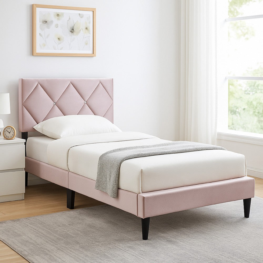 Lilian Twin Bed, Tufted Light Pink Velvet Upholstery, Diamond Stitch -BM326117