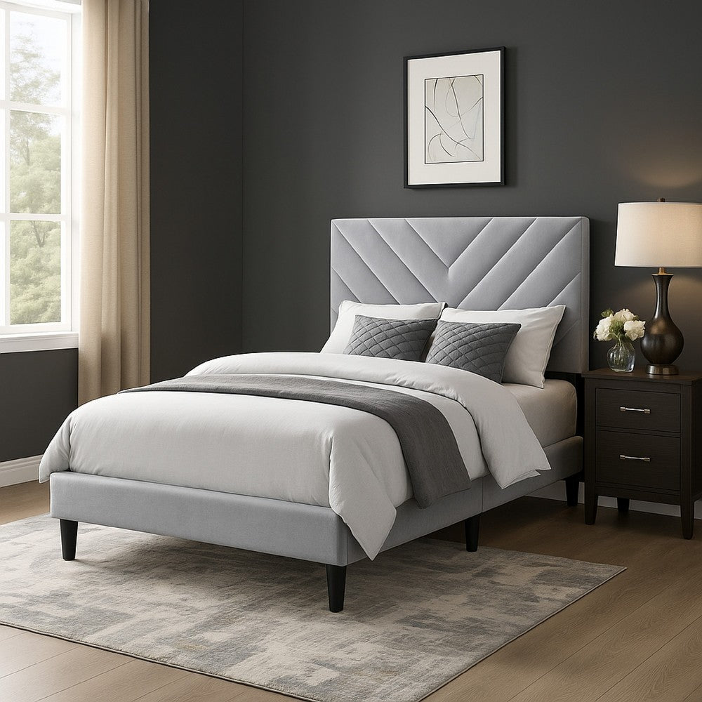 Lilian Full Size Bed, Tufted Gray Velvet Upholstery, Chevron Stitch -BM326118