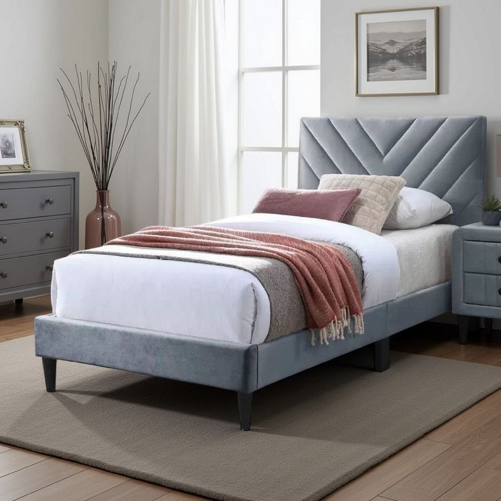 Lilian Twin Size Bed, Tufted Gray Velvet Upholstery, Chevron Stitch -BM326119