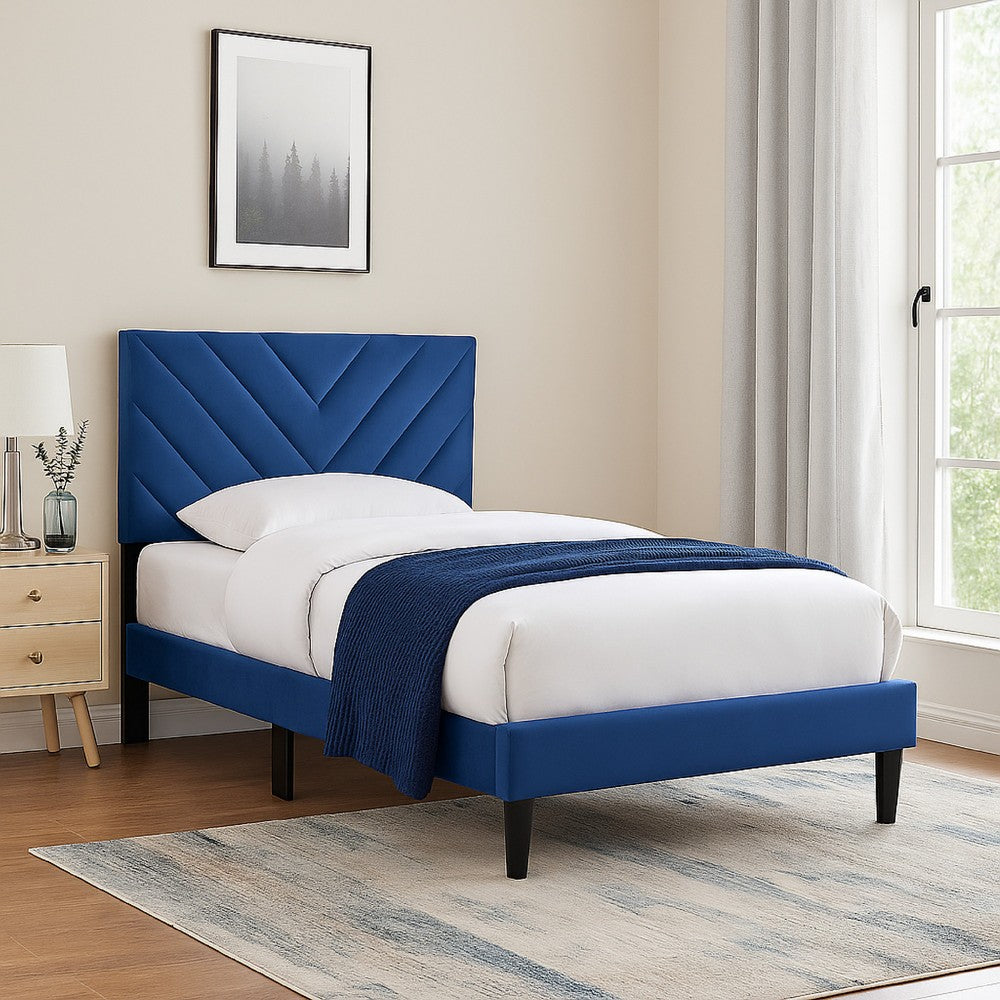 Lilian Twin Bed, Tufted Navy Blue Velvet Upholstery, Chevron Stitch -BM326121