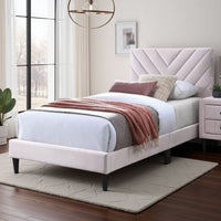 Lilian Full Bed, Tufted Light Pink Velvet Upholstery, Chevron Stitch -BM326122
