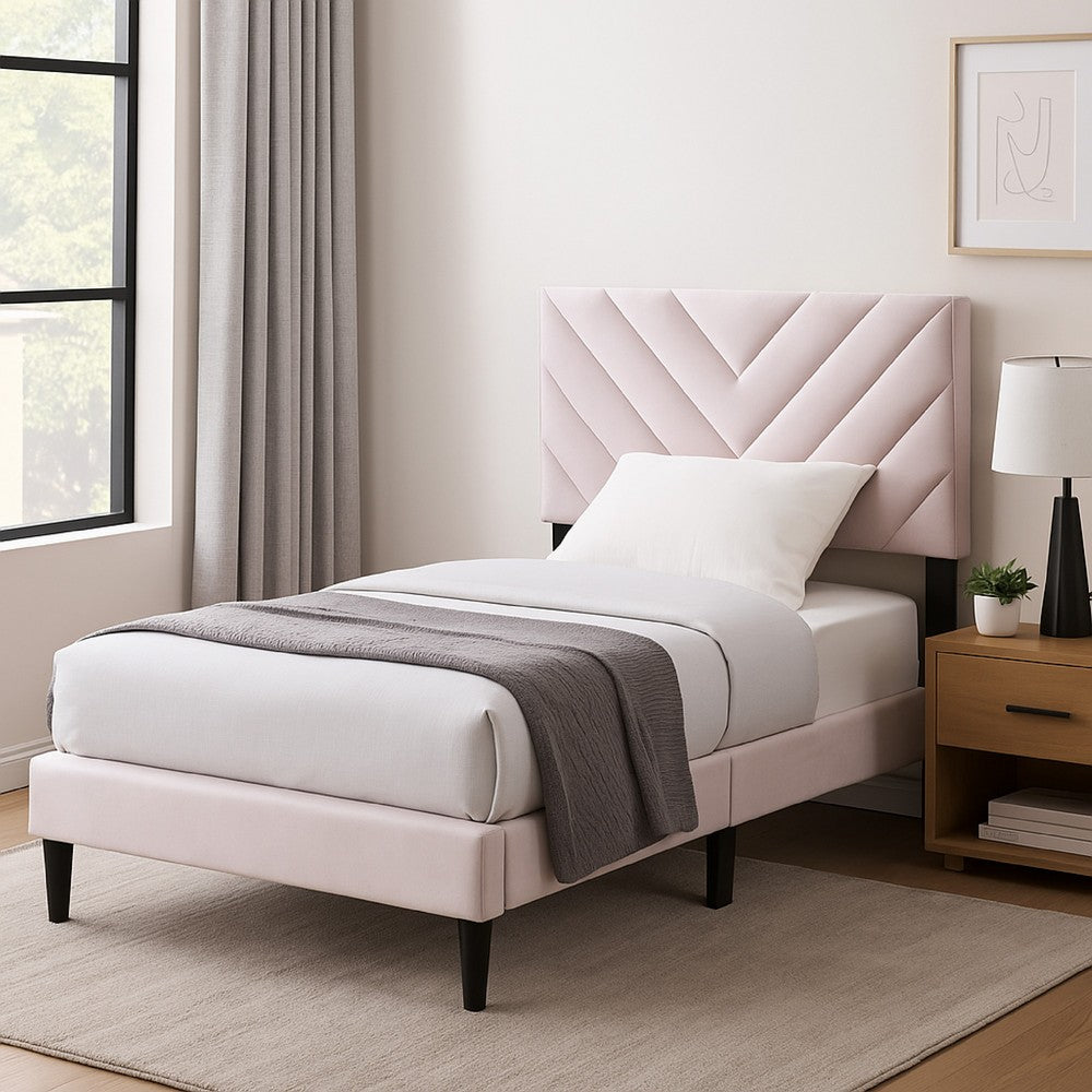 Lilian Twin Bed, Tufted Light Pink Velvet Upholstery, Chevron Stitch -BM326123