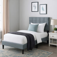 Lilian Twin Bed, Tufted Gray Linen Upholstery, Biscuit Tufted Stitch -BM326127