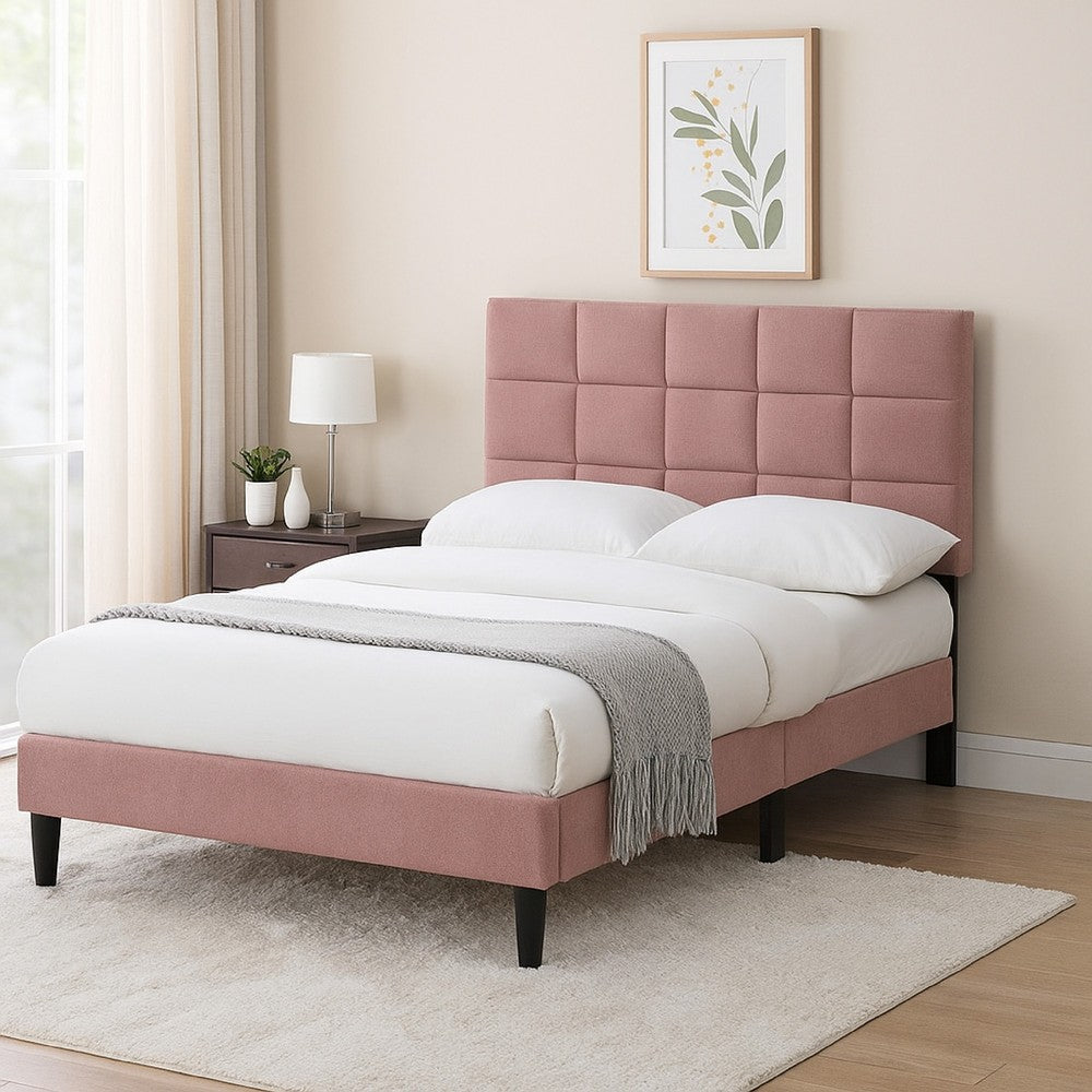Lilian Full Bed, Tufted Pink Linen Upholstery, Biscuit Tufted Stitch -BM326128