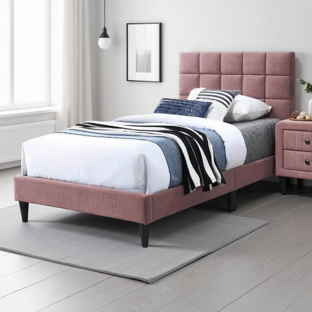 Lilian Twin Bed, Tufted Pink Linen Upholstery, Biscuit Tufted Stitch -BM326129