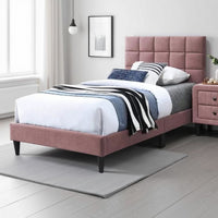 Lilian Twin Bed, Tufted Pink Linen Upholstery, Biscuit Tufted Stitch -BM326129