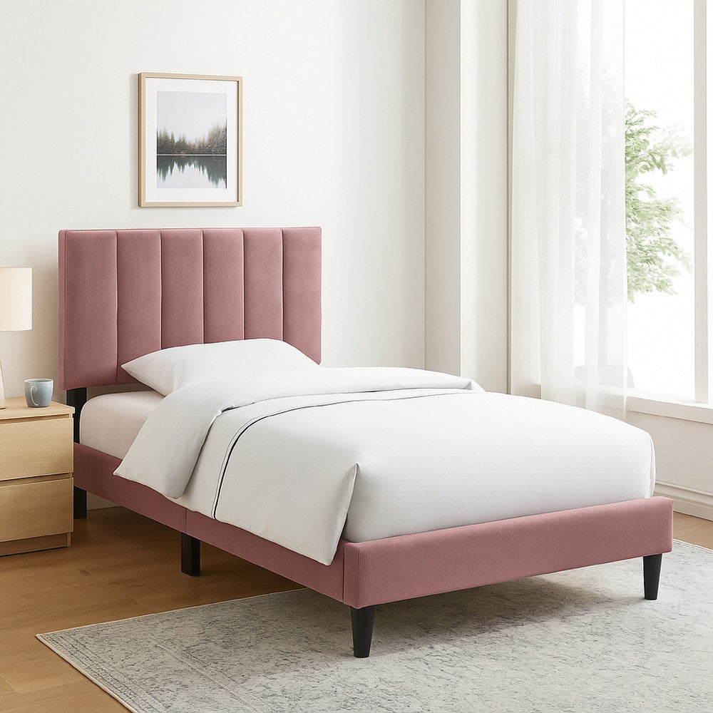Lilian Full Size Bed, Blush Pink Linen Upholstery, Channel Tufted -BM326134