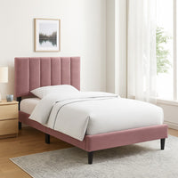 Lilian Full Size Bed, Blush Pink Linen Upholstery, Channel Tufted -BM326134