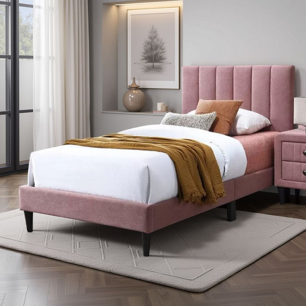 Lilian Twin Size Bed, Blush Pink Linen Upholstery, Channel Tufted -BM326135